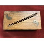 Vintage Chinese incense burner box, an excellent little pine box with brass Ying & Yang reliefs