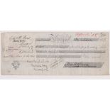 Bank of Liverpool Limited 1898 cheque to order for £500 issued by Edwd. W Bird, Notary Public (