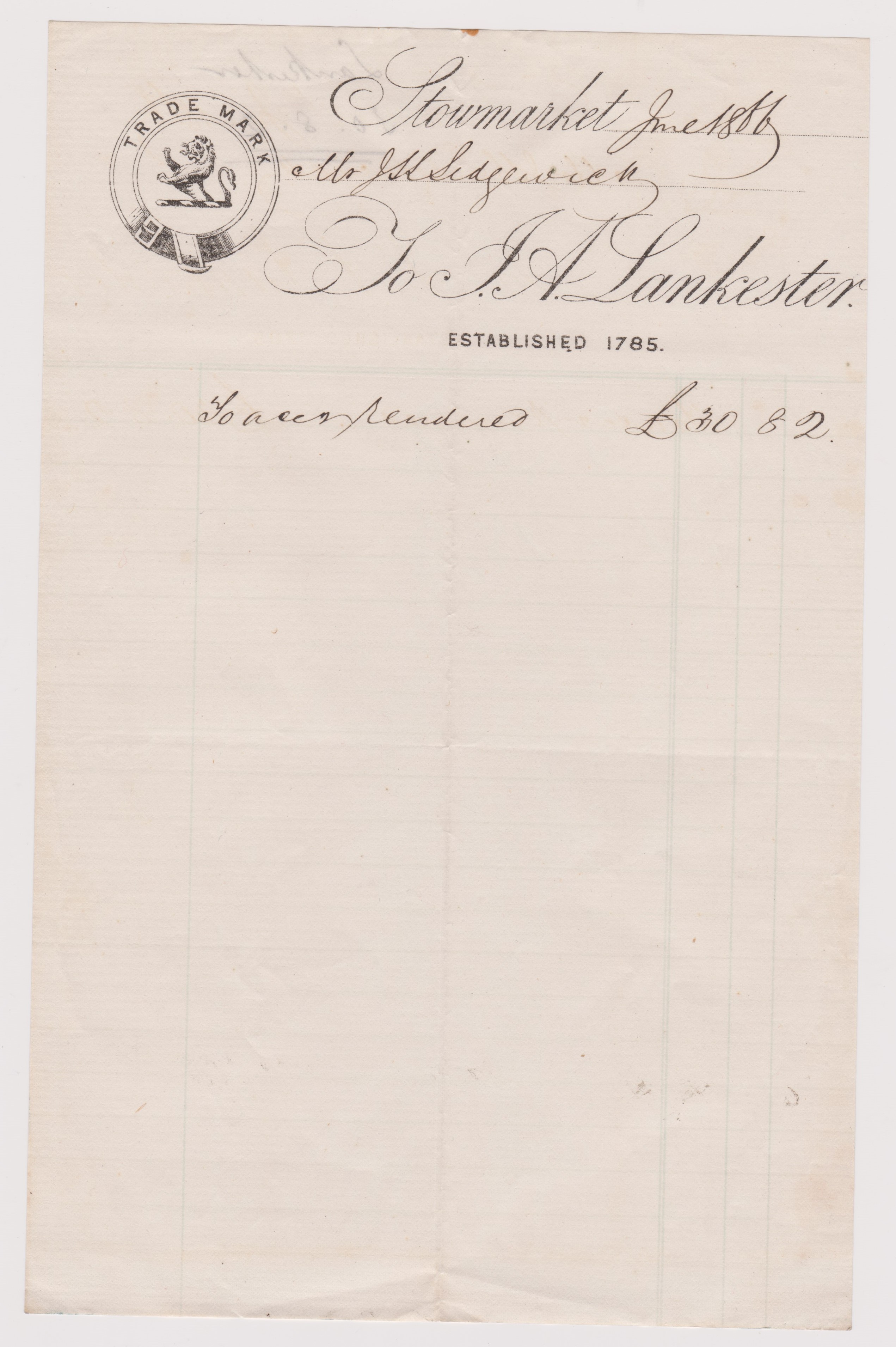 Stowmarket June 1866 Mr Sedgewick to L A Lankester established 1785 possibly the wholesale and