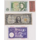 USA 1935 dollar, many signatures (WWII?), £1 notes J A Page, EF, Spain 1954 25 pesetas, EF, 1d bus