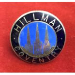 Hillman Coventry 1930s/40s Chrome and Enamel Car badge, Registered Trade Mark: 398556 with screw