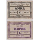 Burma, Military Voucher Notes, 1 Anna and 1 Rupee, United Services Officers Club, AVF Scarce