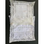 6 mixed antique white hankies, silk, cotton and linen with various lace edgings