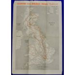 Vintage Map of Britain showing routes of Glenton Motor Coach Holiday Tours from London, flimsy and