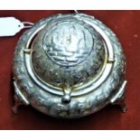 Indian (White-metal) Inkwell or Ashtray, an interesting design on three legs with a lid that rolls