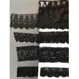 4 Pieces of Antique Black Needle Lace and Pair of Cuffs. Approx. 10m total.