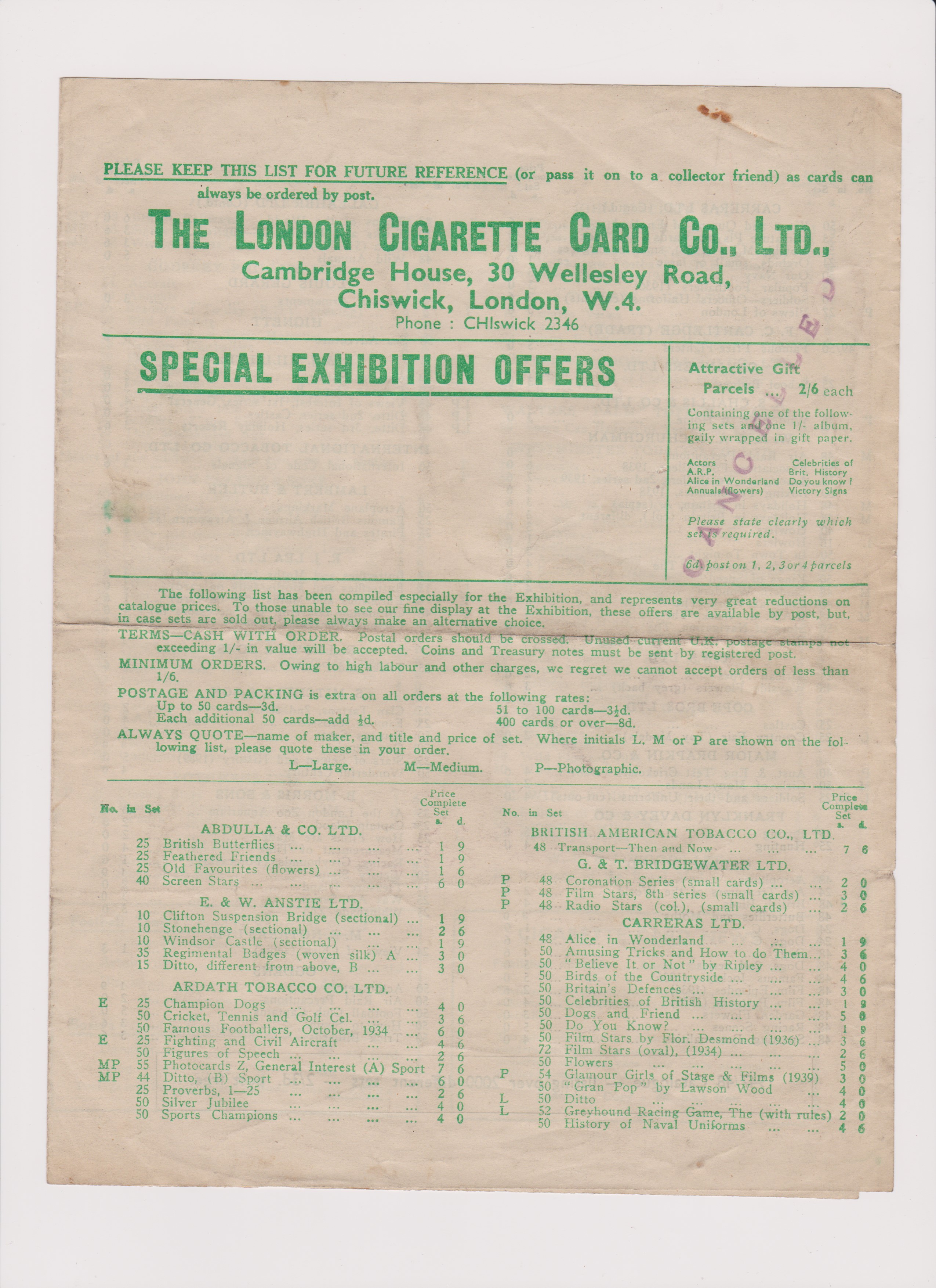 The London Cigarette Card Co, Ltd., Pamphlet for Special Exhibition Offers for the 1947/48 Price