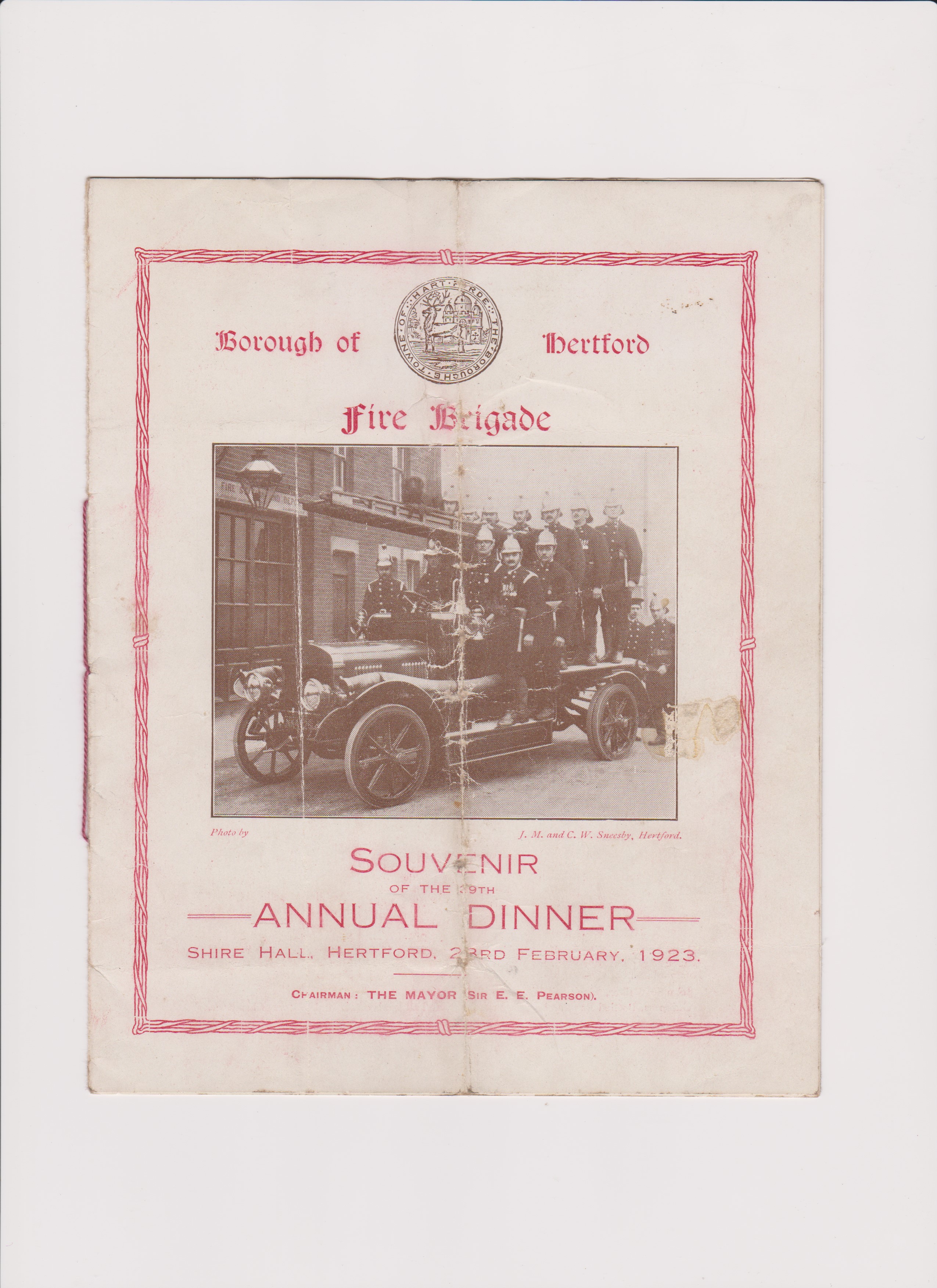 Borough of Thetford Fire Brigade 1923 Souvenir of the 19th Annual Dinner pamphlet, in fair condition