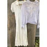 1930s dress and blouse. Ivory rayon bias cut dress with embroidery and faggoting detail. Some