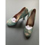 Vintage 1940s turquoise silk cherry blossom brocade shoes by Kiat Shoe Co. , Singapore. Leather