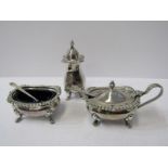 SILVER CRUET, 3 piece silver cruet of traditional design with blue glass liners, Sheffield HM, 1971,