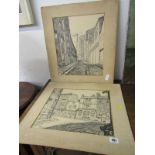 GORDON ARNOLD, 2 signed pen and ink drawings "Street Scenes" dated 1932, 12" x 14"