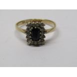 9CT YELLOW GOLD SAPPHIRE & WHITE STONE CLUSTER RING, size Q