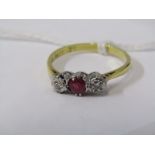 18ct YELLOW GOLD RUBY & DIAMOND 3 STONE RING, Size N/O