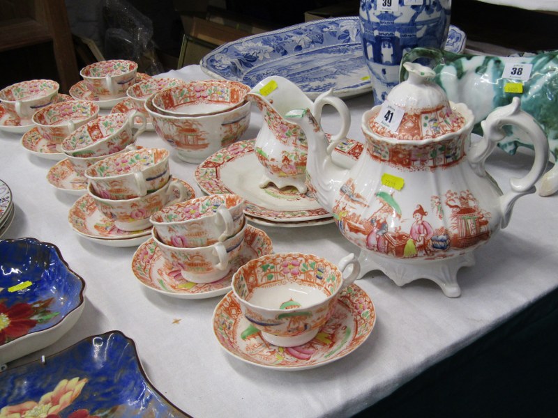 19th CENTURY STAFFORDSHIRE, chinoiserie pattern tea service, possibly Hilditch, consisting of 11