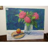 G. WATKIN, signed oil on board "Still Life - Hydrangeas, Apple and Knife", 20" x 24"