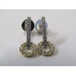 A PAIR OF 18ct 2 TONE YELLOW & WHITE GOLD DIAMOND DROP EARRINGS, Unusual bar and circle design