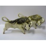 STUDIO POTTERY, pair of glazed pottery Bulls by Paula Humphris, Polperro Pottery, 10.5" length