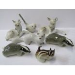 RUSSIAN PORCELAIN ANIMALS, collection of 7 including 2 Lomonosov Badger cubs and similar fauns