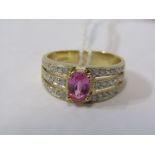 18ct YELLOW GOLD PINK SAPPHIRE & DIAMOND RING, Principal oval cut pink sapphire in 4 claw setting