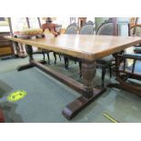 OAK REFECTORY TABLE, twin heavy bulbus supports on long stretcher, with planked top, 35" width,
