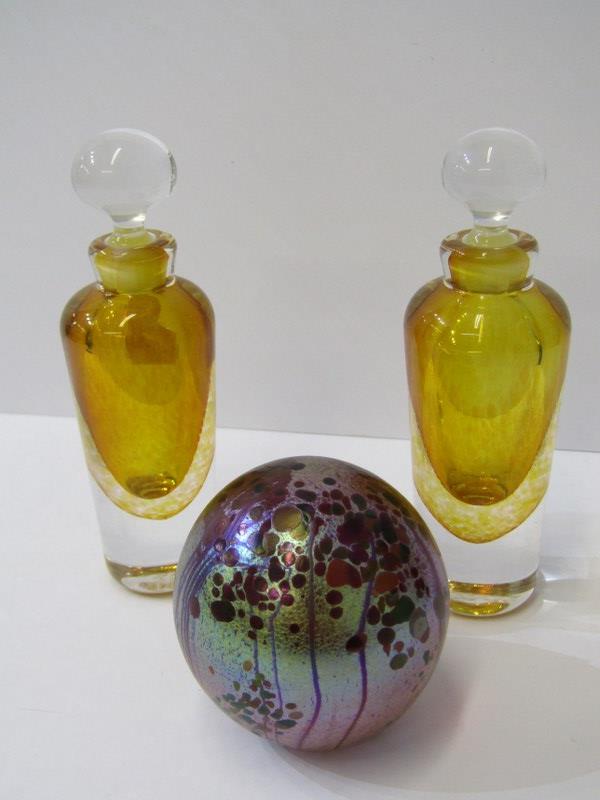 ART GLASS, 2 scent bottles by Tim Casey, 4.75" height, together with Isle of Wight spherical paper