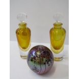 ART GLASS, 2 scent bottles by Tim Casey, 4.75" height, together with Isle of Wight spherical paper