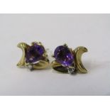 A PAIR OF 9ct YELLOW GOLD AMETHYST & DIAMOND FLORAL PATTERN EARRINGS