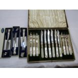 PLATED FISH SET, with Mother of Pearl handles, also 3 Sterling silver handled serving knives