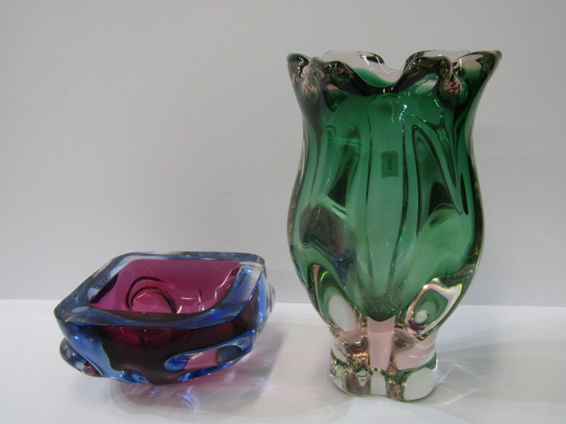 RETRO GLASS, green glass trefoil shape 8" vase, together with blue and pink square base ashtray, 4.