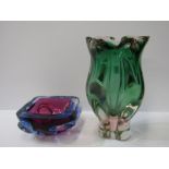RETRO GLASS, green glass trefoil shape 8" vase, together with blue and pink square base ashtray, 4.