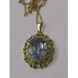 9ct YELLOW GOLD LARGE BLUE TOPAZ PENDANT, on 9ct yellow gold chain, blue topaz stone in excess of
