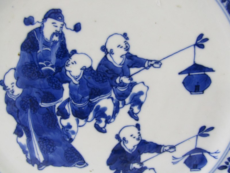 ORIENTAL CERAMICS, Chinese underglaze blue shallow saucer dish decorated with Children dancing - Image 2 of 3