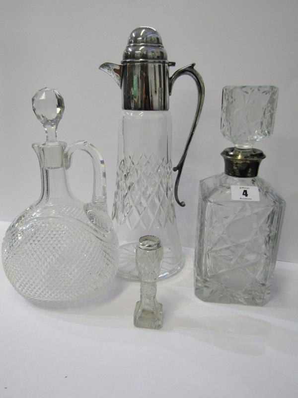 CUT GLASS, HM silver collared square base whisky decanter, 12.5" height, also plated mount cut glass