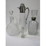 CUT GLASS, HM silver collared square base whisky decanter, 12.5" height, also plated mount cut glass