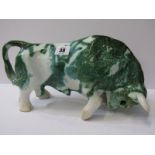 STUDIO POTTERY, green glazed stoneware Bull by Paula Humphris, 12.5" length