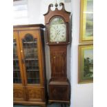 EARLY 19th CENTURY 8 DAY LONGCASE CLOCK, painted break arch face, with hunting scene, signed D Jones