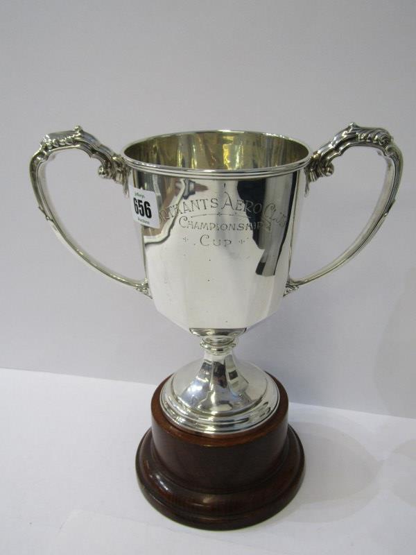 SILVER TWIN HANDLED TROPHY CUP, "Northants Aero Club Championship Cup", 8" (20cm) approx high,