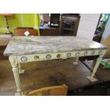 MARBLE TOP RECTANGULAR COFFEE TABLE, painted ornate base on tapering fluted legs, 18" x 38" top
