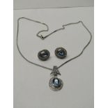 18CT WHITE GOLD BLUE TOPAZ & DIAMOND EARRING & PENDANT SET, principal oval cut multi facetted rub