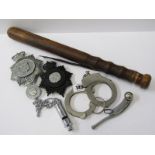 POLICE ARTIFACTS, hardwood police truncheon, hand cuffs "Metropolitan" police whistle, badges, etc