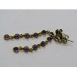 AMETHYST DROP EARRINGS, a pair of 9ct gold drop earrings, each set 7 amethysts, 5.5cm drop