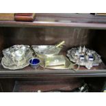 2 SILVER PLATE GEORGIAN DESIGN SERVING TRAYS, 6 piece condiment set, oval fluted bread basket and