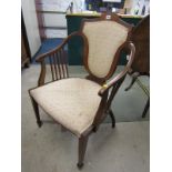 EDWARDIAN MARQUETRY TUB ARMCHAIR, floral inlaid detail and side slat supports