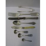 SILVER CUTLERY, pair of Georgian Newcastle silver fiddle pattern salt spoons, 3 other pieces of