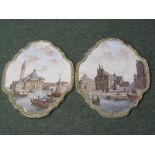 ITALIAN FAIENCE PLAQUES, pair of 19th Century shaped plaques depicting Venetian churches, fleur-de-