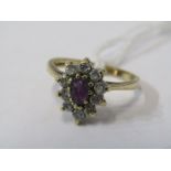 9ct YELLOW GOLD AMETHYST & WHITE STONE CLUSTER RING, Size M