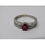 14CT WHITE GOLD RUBY & DIAMOND RING, principal oval cut ruby measuring approximately .59 of a carat,