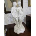 SCULPTURE, vintage painted metalware figure group of Young Couple on octagonal base, 19.5" height