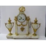 FRENCH CLOCK GARNITURE, veined marble column support mantel clock with matching vase ornaments,